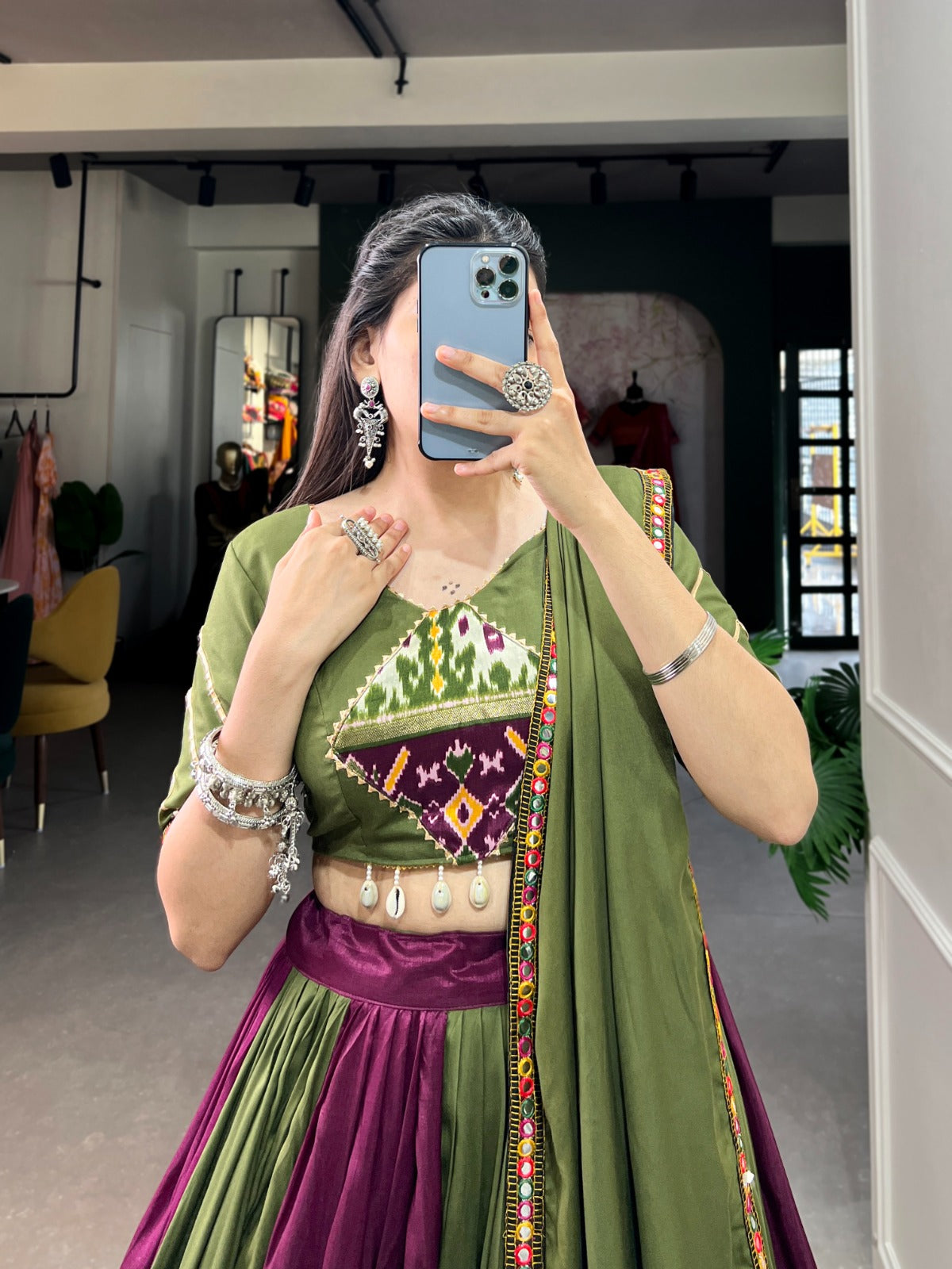 Celebrate with More Colors: Olive Silk Chaniya Choli for Navratri Night 💃