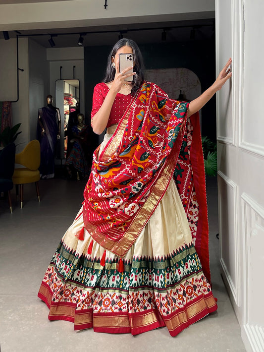 Beige Exquisite Tussar Silk Patola Print Chaniya Choli for Navratri and Garba Festivities