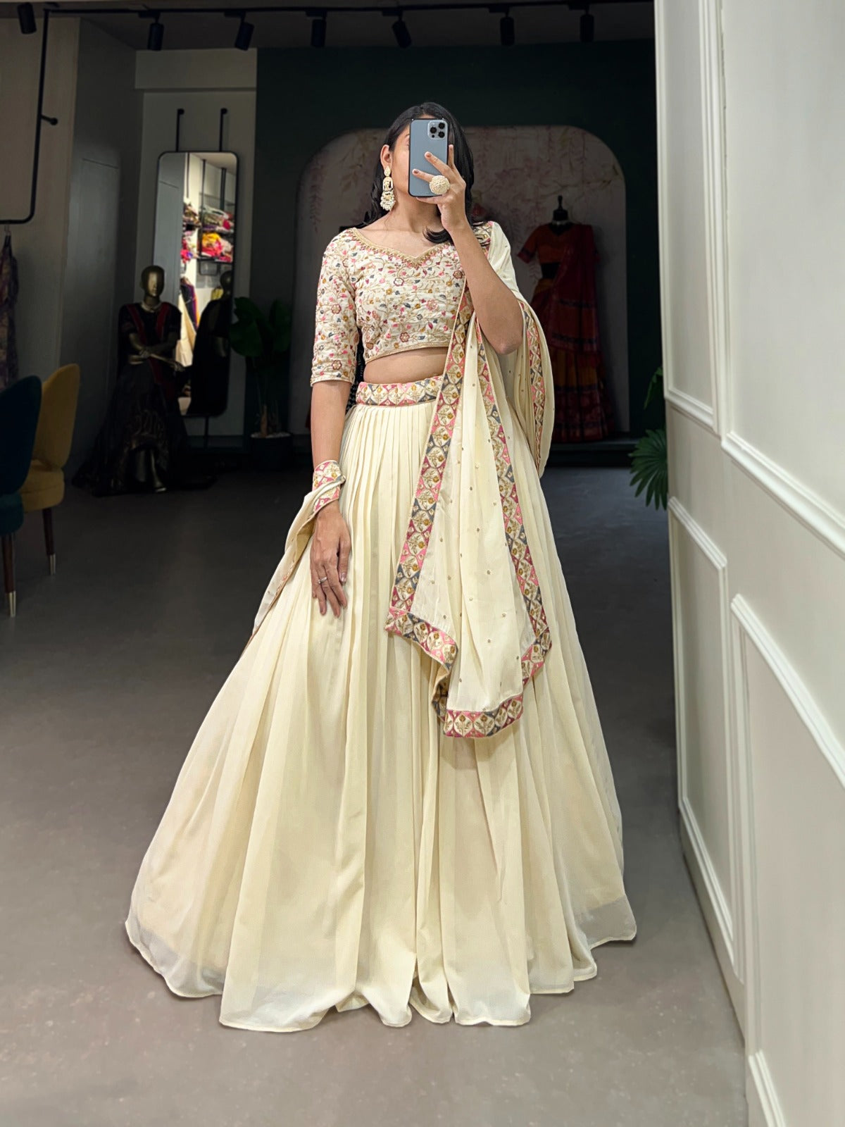Exquisitely Embroidered Off-White Chaniya Choli with Shimmering Sequins for Garba Navratri