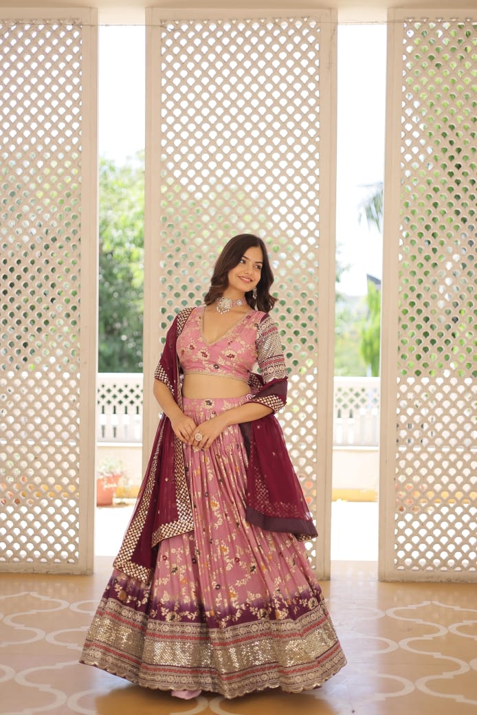 Dusty Pink Designer Pure Viscose Jacquard Bridesmaid Lehenga Choli & Dupatta Set