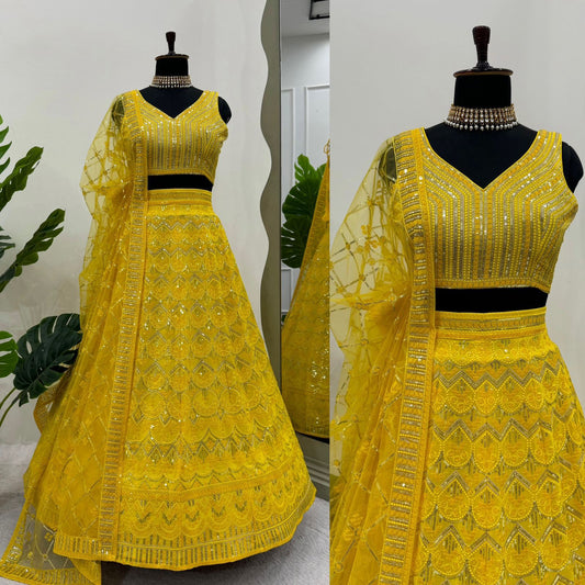 Yellow Sequins Boutique Lehenga Choli for Haldi, Bridesmaids, and Special Occasions