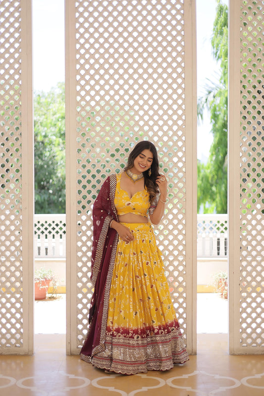 Mustard Color Designer Pure Viscose Jacquard Bridesmaid Lehenga Choli & Dupatta Set